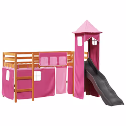 vidaXL Kids' Loft Bed with Tower Children Bed Frame Bunk Bed Solid Wood Pine - brown and pink, 90 x 190 cm