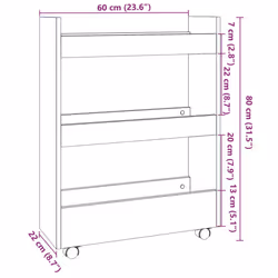vidaXL Narrow Storage Trolley 3 Tier Bookcase Rolling Cart Engineered Wood - white
