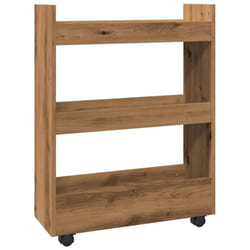 vidaXL Narrow Storage Trolley 3 Tier Bookcase Rolling Cart Engineered Wood - artisian oak