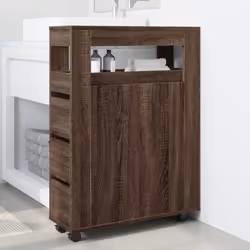 vidaXL Narrow Bathroom Cabinet with Wheels Storage Cupboard Engineered Wood - brown oak