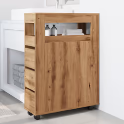 vidaXL Narrow Bathroom Cabinet with Wheels Storage Cupboard Engineered Wood - artisian oak