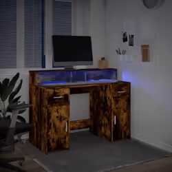 vidaXL Desk with LED Lights Writing Working Table Smoked Oak Engineered Wood - Additional view 4