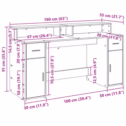 vidaXL Desk with LED Lights Study Working Table Concrete Grey Engineered Wood - Additional view 3