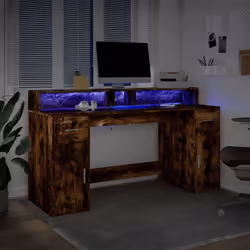 vidaXL Desk with LED Lights Writing Working Table Smoked Oak Engineered Wood - Additional view 4