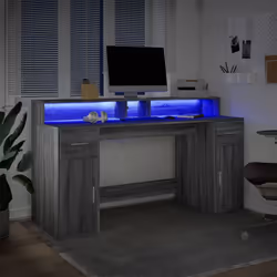 vidaXL Desk with LED Lights Writing Working Table Grey Sonoma Engineered Wood - Additional view 4