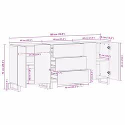 vidaXL 3 Piece Sideboards Black 60x33x75 cm Solid Wood Mango storage cabinet - Additional view 3
