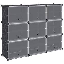 vidaXL Storage Cube Organiser with 9 Cubes and Doors Display Shelf Black PP - 124.5 x 31.5 x 93 cm