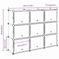 vidaXL Storage Cube Organiser with 9 Cubes and Doors Display Shelf Black PP - 124.5 x 31.5 x 93 cm