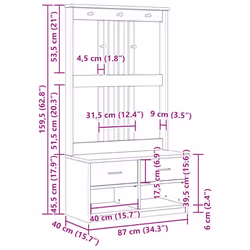 vidaXL Hall Tree SANDENS 87x40x159.5cm Solid Wood Pine hallway bench - white
