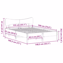 vidaXL Bed Frame without Mattress Bed Solid Wood Pine - natural, 135 x 190 cm