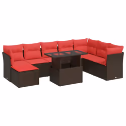 vidaXL 9 Piece Garden Sofa Set with Cushions Poly Rattan Acacia - brown