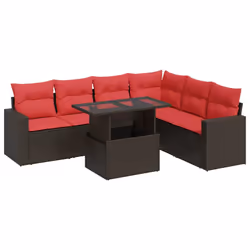 vidaXL 7 Piece Garden Sofa Set with Cushions Poly Rattan Acacia - brown
