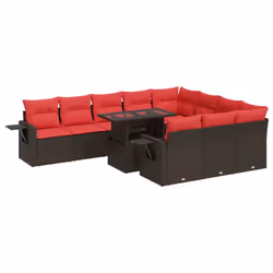 vidaXL 11 Piece Garden Sofa Set with Cushions Poly Rattan Acacia - brown