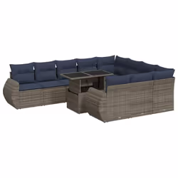 vidaXL 11 Piece Garden Sofa Set with Cushions Poly Rattan Acacia - grey
