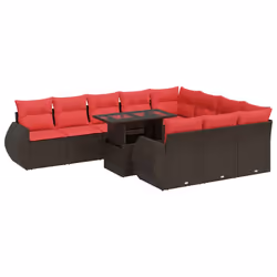 vidaXL 11 Piece Garden Sofa Set with Cushions Poly Rattan Acacia - brown