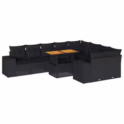 vidaXL 10 Piece Garden Sofa Set with Cushions Black Poly Rattan Acacia - black
