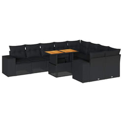 vidaXL 10 Piece Garden Sofa Set with Cushions Black Poly Rattan Acacia - black