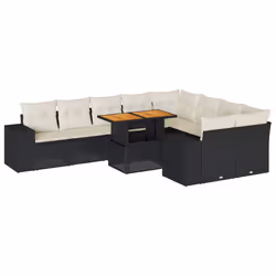 vidaXL 10 Piece Garden Sofa Set with Cushions Black Poly Rattan Acacia - black and cream