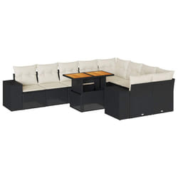 vidaXL 10 Piece Garden Sofa Set with Cushions Black Poly Rattan Acacia - black and cream
