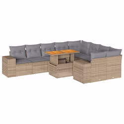 vidaXL 10 Piece Garden Sofa Set with Cushions Black Poly Rattan Acacia - beige and grey