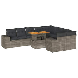 vidaXL 10 Piece Garden Sofa Set with Cushions Black Poly Rattan Acacia - grey