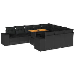 vidaXL 10 Piece Garden Sofa Set with Cushions Black Poly Rattan Acacia - black