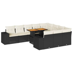 vidaXL 10 Piece Garden Sofa Set with Cushions Black Poly Rattan Acacia - black and cream
