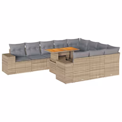 vidaXL 10 Piece Garden Sofa Set with Cushions Black Poly Rattan Acacia - beige and grey