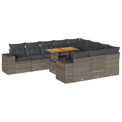 vidaXL 10 Piece Garden Sofa Set with Cushions Black Poly Rattan Acacia - grey