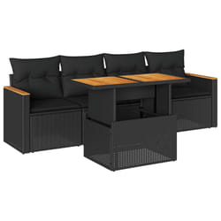 vidaXL 5 Piece Garden Sofa Set with Cushions Black Poly Rattan Acacia - black