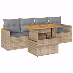 vidaXL 5 Piece Garden Sofa Set with Cushions Beige Poly Rattan Acacia