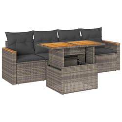 vidaXL 5 Piece Garden Sofa Set with Cushions Black Poly Rattan Acacia - grey
