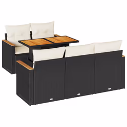 vidaXL 6 Piece Garden Sofa Set with Cushions Black Poly Rattan Acacia - black and cream