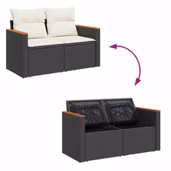 vidaXL 6 Piece Garden Sofa Set with Cushions Black Poly Rattan Acacia - black and cream - Additional view 6
