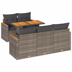 vidaXL 6 Piece Garden Sofa Set with Cushions Black Poly Rattan Acacia - grey