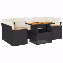 vidaXL 6 Piece Garden Sofa Set with Cushions Grey Poly Rattan Acacia - black and cream