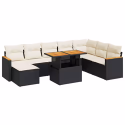 vidaXL 9 Piece Garden Sofa Set with Cushions Beige Poly Rattan Acacia - black and cream