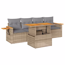 vidaXL 5 Piece Garden Sofa Set with Cushions Grey Poly Rattan Acacia - beige and grey