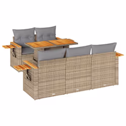 vidaXL 6 Piece Garden Sofa Set with Cushions Black Poly Rattan Acacia - beige and grey