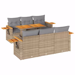 vidaXL 7 Piece Garden Sofa Set with Cushions Black Poly Rattan Acacia - beige and grey