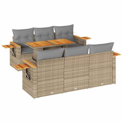 vidaXL 7 Piece Garden Sofa Set with Cushions Black Poly Rattan Acacia - beige and grey