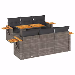 vidaXL 7 Piece Garden Sofa Set with Cushions Black Poly Rattan Acacia - grey