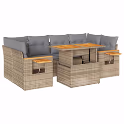 vidaXL 7 Piece Garden Sofa Set with Cushions Beige Poly Rattan Acacia - beige and grey