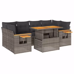 vidaXL 7 Piece Garden Sofa Set with Cushions Beige Poly Rattan Acacia - grey