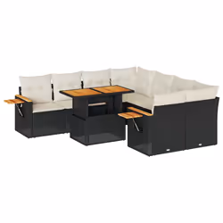 vidaXL 9 Piece Garden Sofa Set with Cushions Beige Poly Rattan Acacia - black and cream
