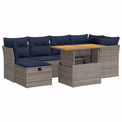 vidaXL 7 Piece Garden Sofa Set with Cushions Black Poly Rattan Acacia