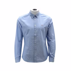 , S) TOMMY JEANS Mens Oxford Shirts Party Long Sleeve Formal Top - Sky Blue (Dobby Print