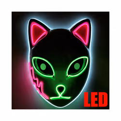 LED Glowing Cat Face Mask Cool Halloween Cosplay Neon Demon Slayer Fox - Luminou pink green