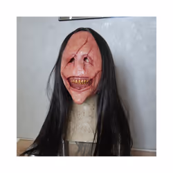 2023New Halloween Horror Long Hair Devil Red Face Devil Mask Toothless - A