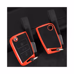 Tpu+Suede Leather Car Key Case Cover For Volkswagen VW Golf 7 MK7 Tiguan - Red, with keychain